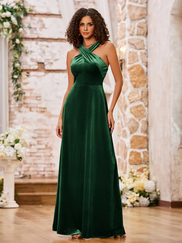 OKBBN Velvet Sleeveless Long Bridesmaid Dress