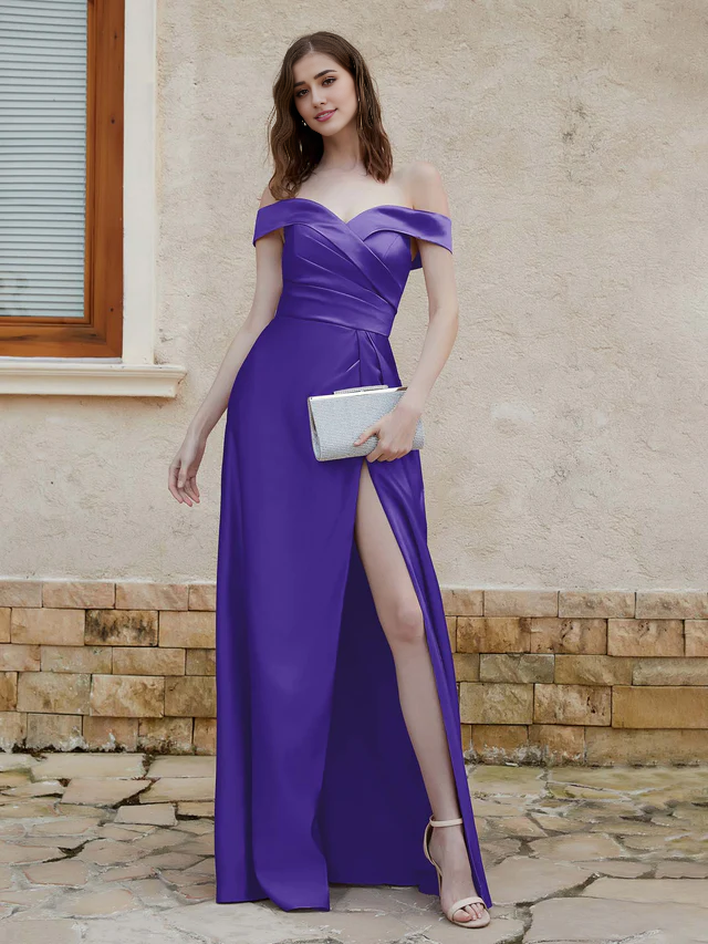 OKBBN Elegant Off Shoulder Satin Split Bridesmaid Dress