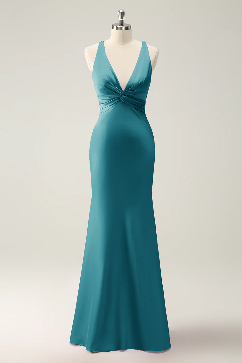 OKBBN Mermaid V-neck Satin Long Bridesmaid Dress