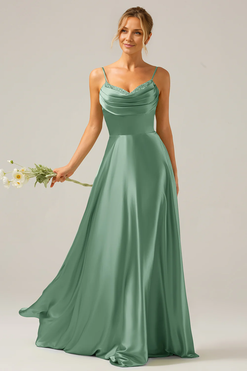 OKBBN A-line scarf collar satin long bridesmaid dress