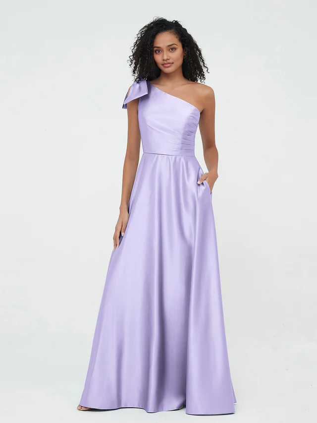 OKBBN One Shoulder Long Satin Sleeveless Bridesmaid Dress
