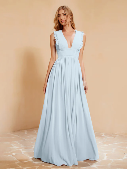 OKBBN deep V-neck ruffled pleated bridesmaid dress