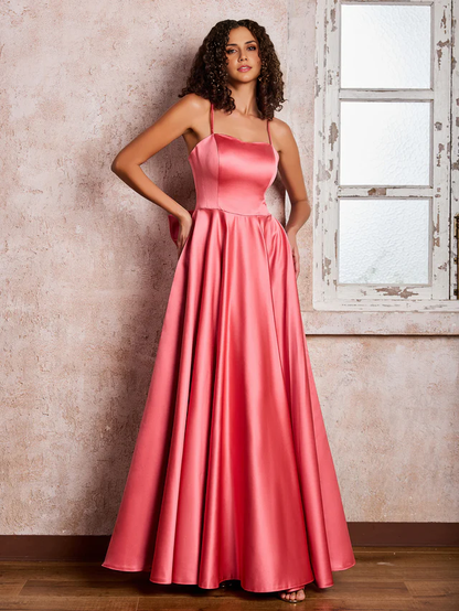 OKBBN Square Neck Thin Strap Satin Bridesmaid Dress