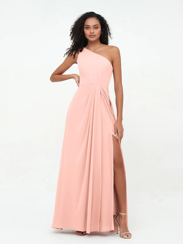 OKBBN shoulder slit chiffon bridesmaid dress