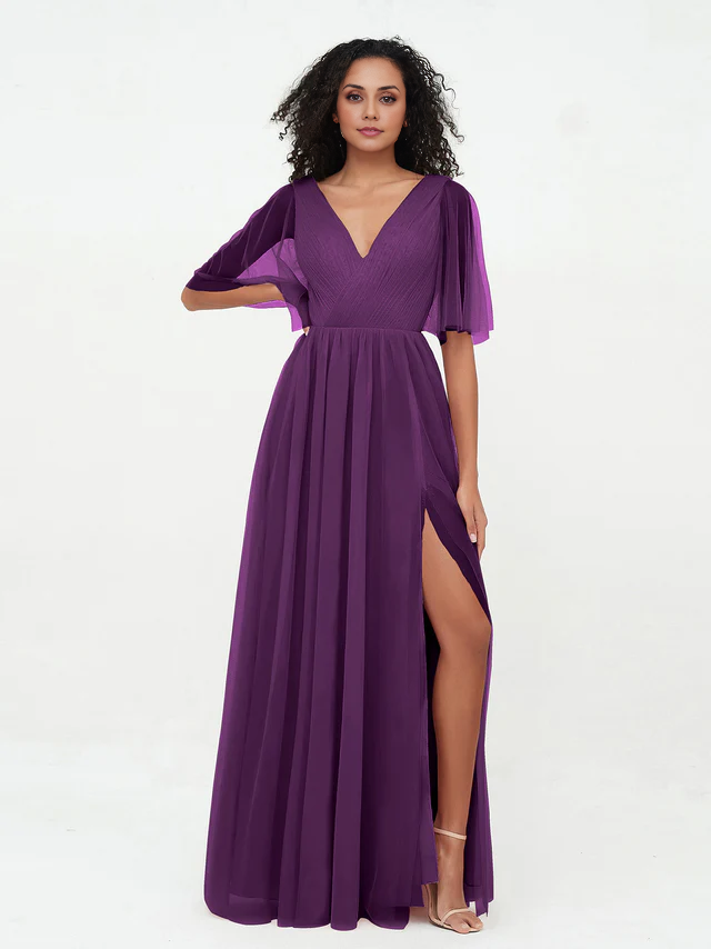 OKBBN A-line V-neck chiffon bridesmaid dress