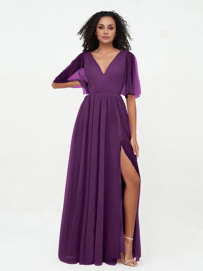 OKBBN A-line V-neck chiffon bridesmaid dress