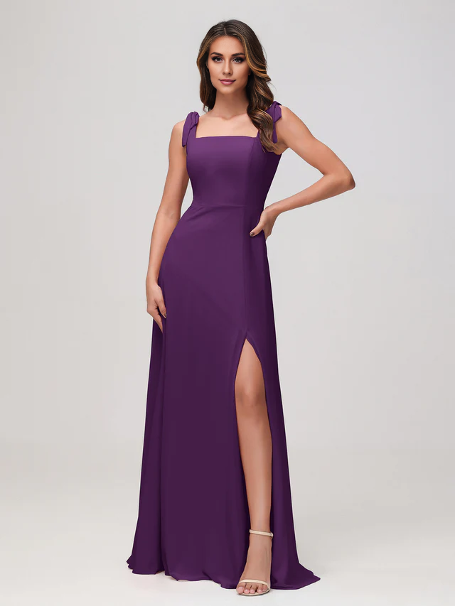 OKBBN square neckline sleeveless and floor chiffon bridesmaid dress