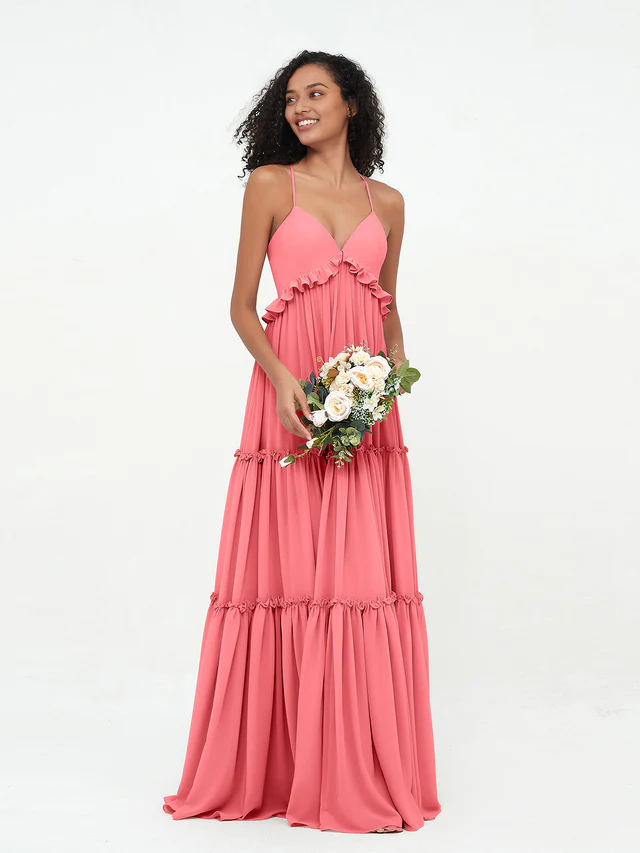 OKBBN chiffon thin shoulder strap layered sleeveless bridesmaid dress
