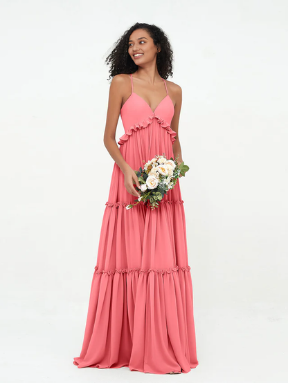 OKBBN chiffon thin shoulder strap layered sleeveless bridesmaid dress
