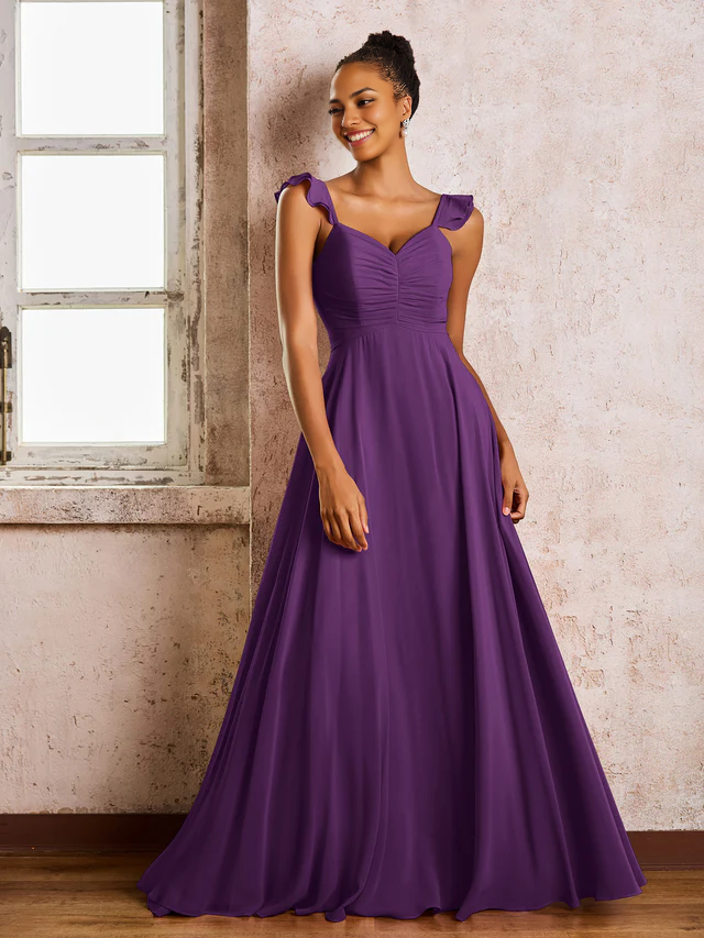 OKBBN pleated shoulder strap sleeveless A-line chiffon bridesmaid dress