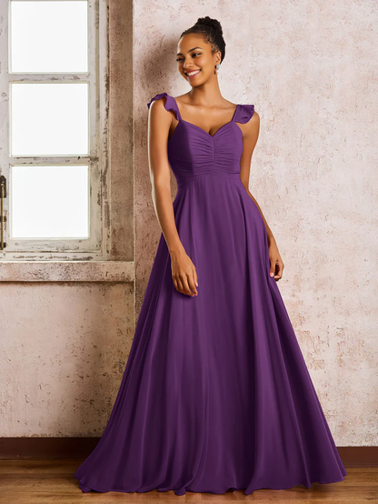 OKBBN pleated shoulder strap sleeveless A-line chiffon bridesmaid dress