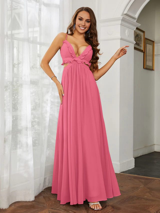 OKBBN thin shoulder strap ruffle edge chiffon hollow out ultra long sexy bridesmaid dress