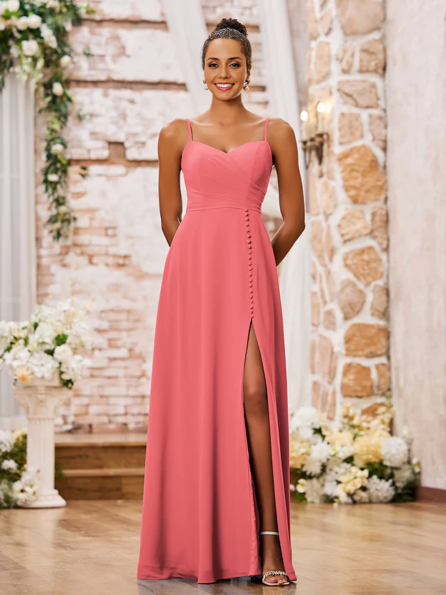 heart-shaped collar with thin shoulder straps chiffon bridesmaid dress