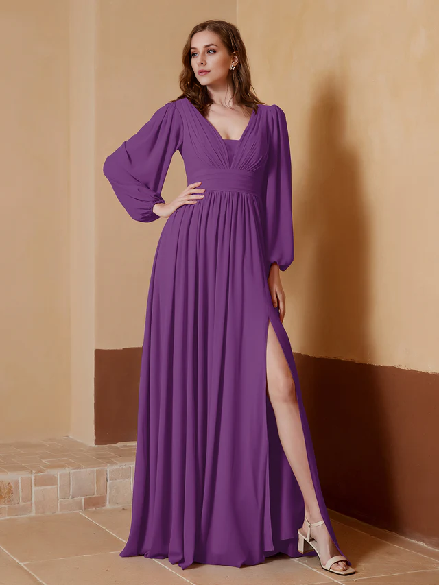 OKBBN deep V-neck and floor split bridesmaid dress