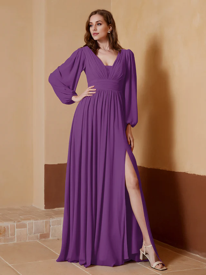 OKBBN deep V-neck and floor split bridesmaid dress