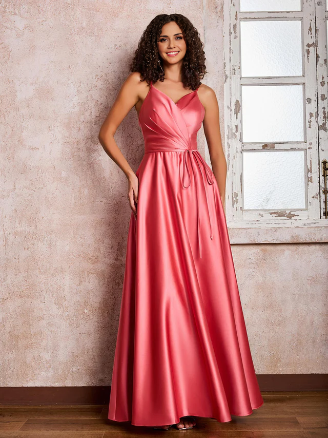 OKBBN Princess Thin Shoulder Strap Long Satin Bridesmaid Dress
