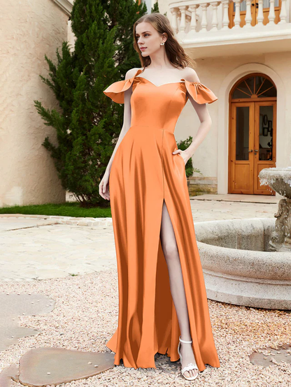 OKBBN Elegant Off Shoulder Satin Bridesmaid Dress