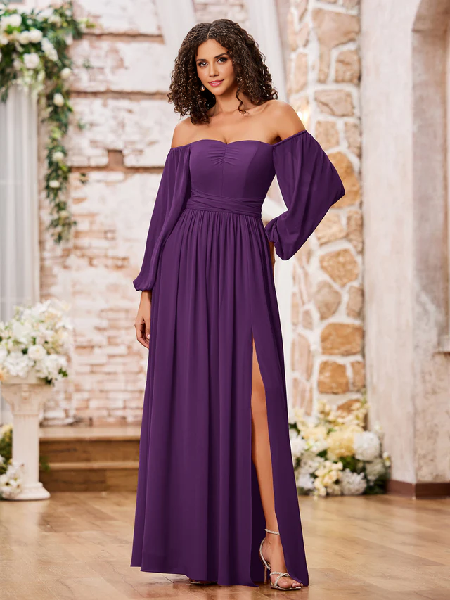 OKBBN off shoulder long sleeved chiffon split bridesmaid dress