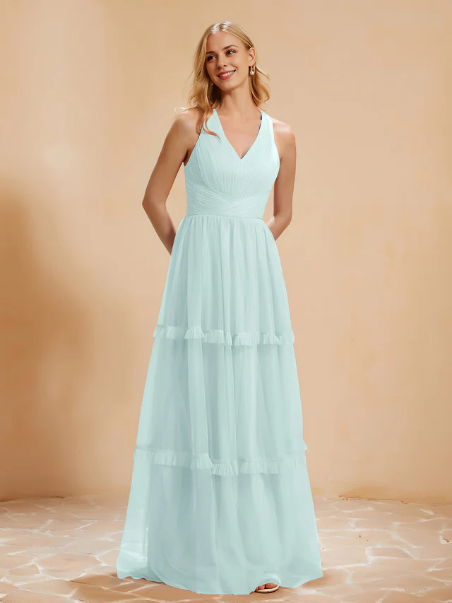 OKBBN V-neck pleated ruffle and ground chiffon bridesmaid dress
