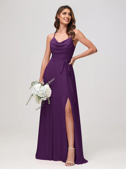 OKBBN sexy scarf collar pleated chiffon slit bridesmaid dress