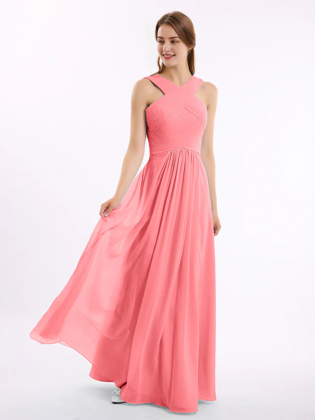 OKBBN Cross Shoulder Chiffon High Waist Bridesmaid Dress