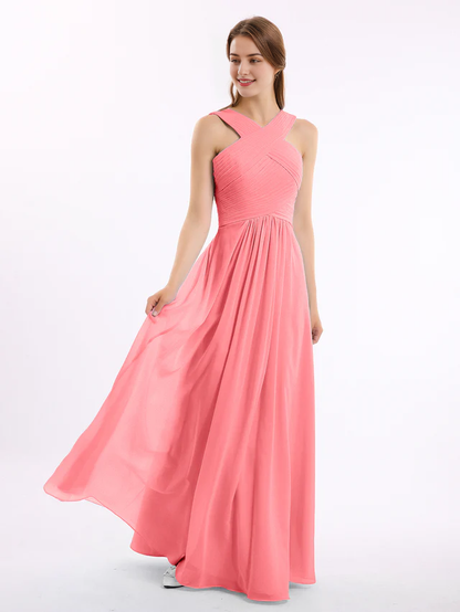 OKBBN Cross Shoulder Chiffon High Waist Bridesmaid Dress