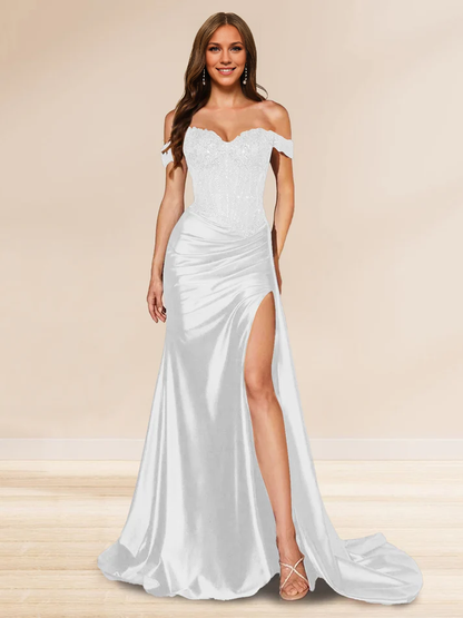 OKBBN mermaid off shoulder trailing sequin side slit evening gown