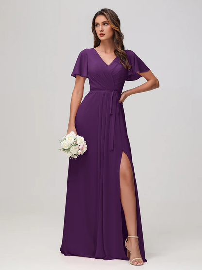 OKBBN pleated chiffon bridesmaid dress with flowing sleeves