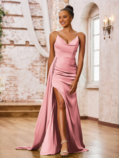 OKBBN tight slim shoulder strap soft satin sexy slit bridesmaid dress