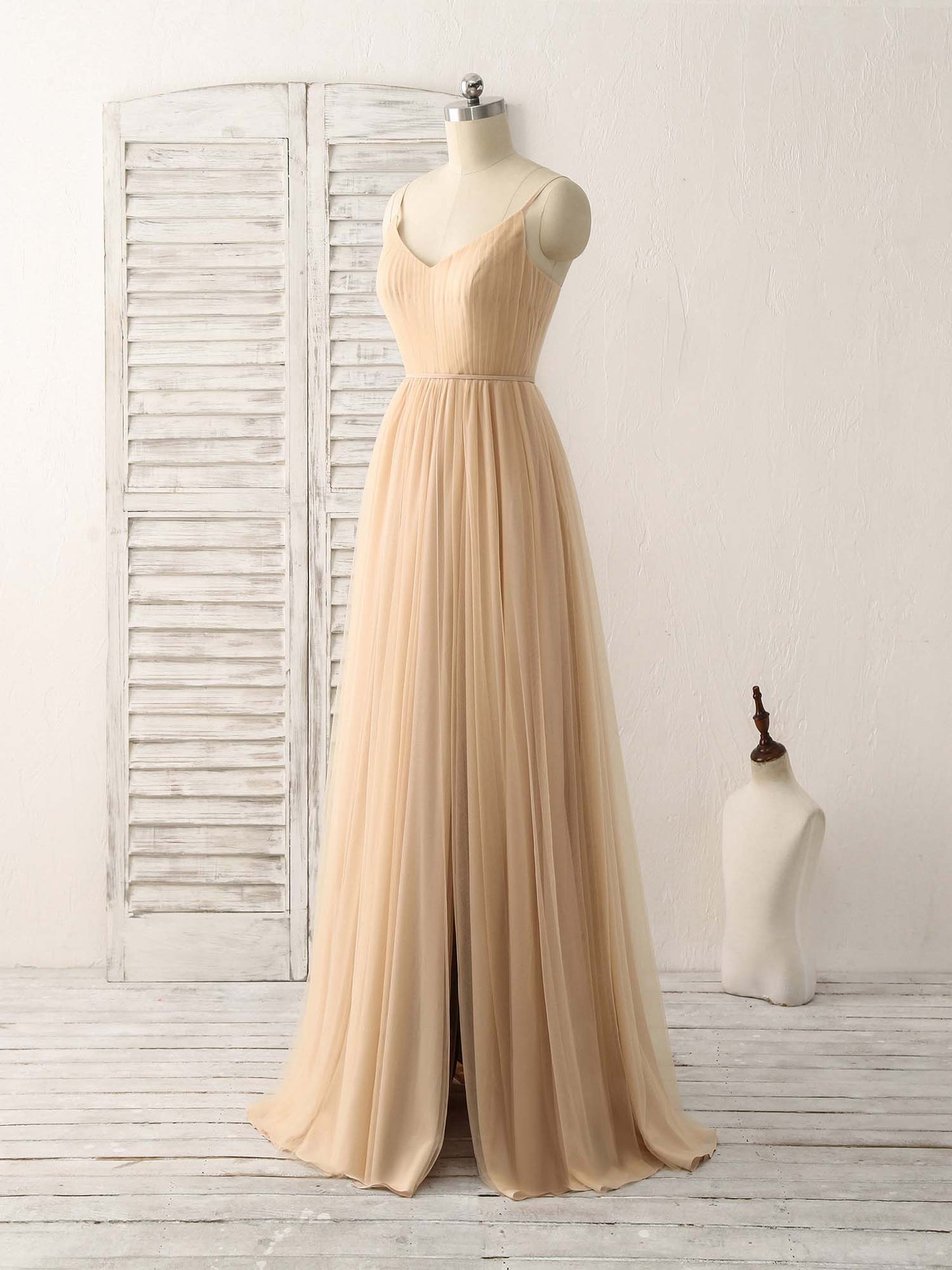V Neck Tulle Chiffon Long Prom Dress Champagne Bridesmaid Dress