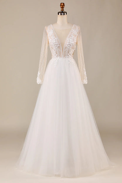 A Line Deep V-Neck Ivory Tulle Sweep Train Wedding Dress