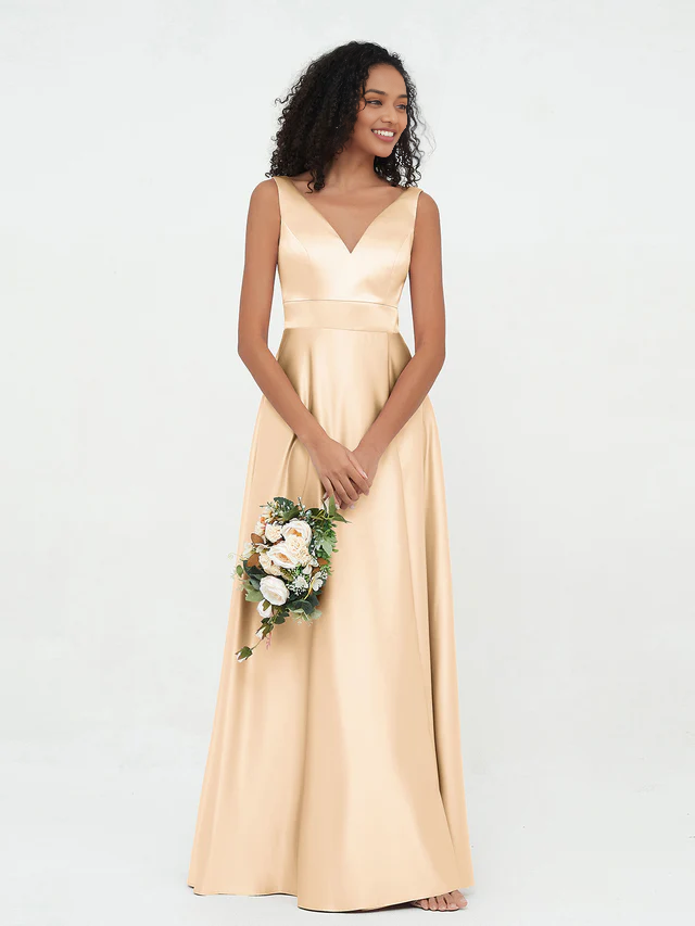 OKBBN Princess V-neck satin pocket bridesmaid dress