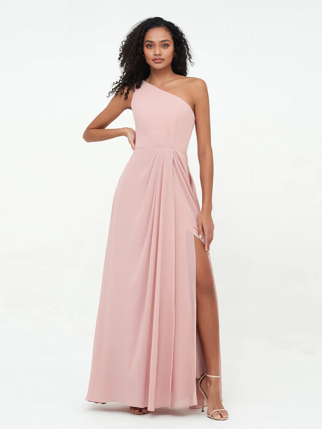 OKBBN shoulder slit chiffon bridesmaid dress