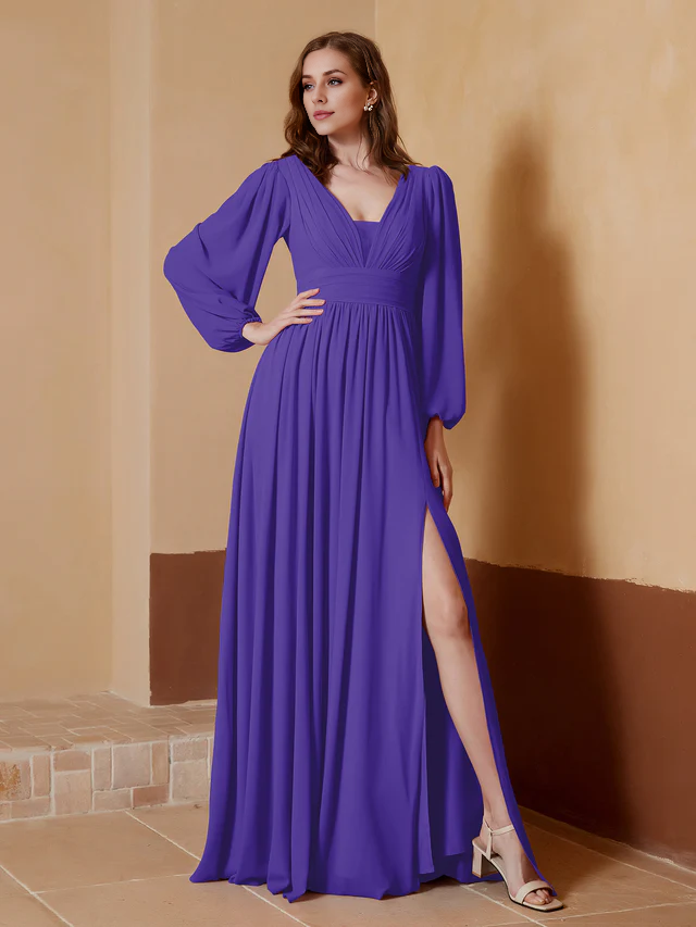 OKBBN deep V-neck and floor split bridesmaid dress