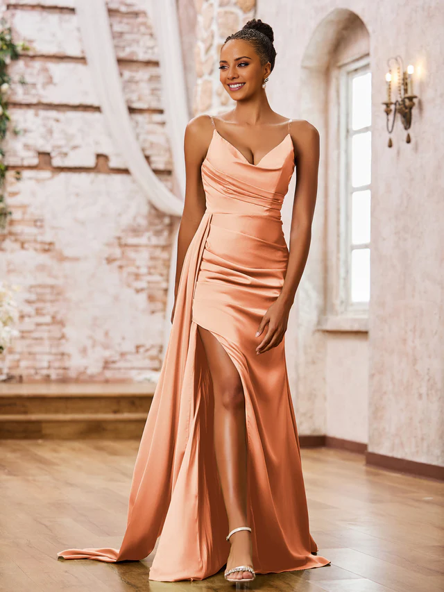 OKBBN tight slim shoulder strap soft satin sexy slit bridesmaid dress