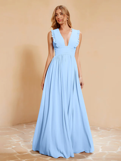 OKBBN deep V-neck ruffled pleated bridesmaid dress