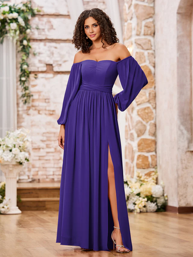 OKBBN off shoulder long sleeved chiffon split bridesmaid dress