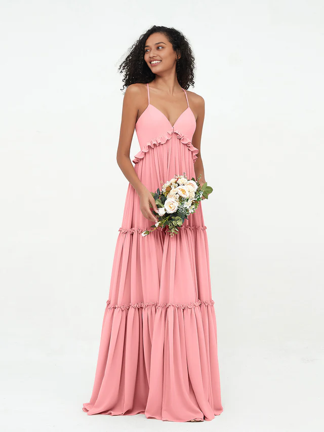 OKBBN chiffon thin shoulder strap layered sleeveless bridesmaid dress