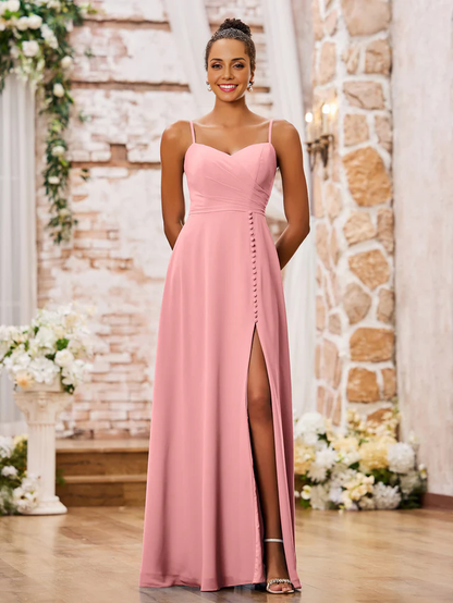 heart-shaped collar with thin shoulder straps chiffon bridesmaid dress