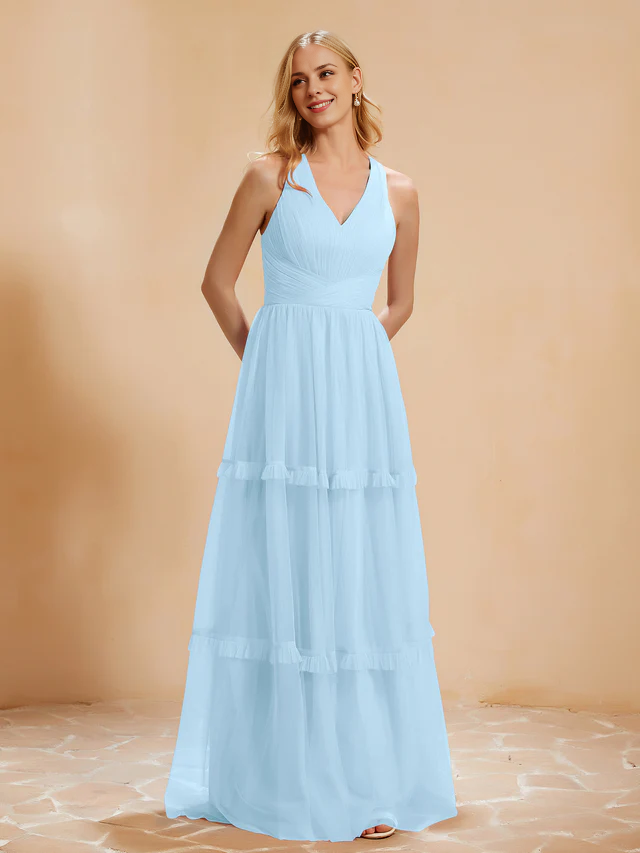 OKBBN V-neck pleated ruffle and ground chiffon bridesmaid dress