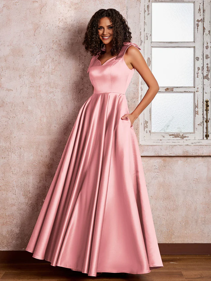 OKBBN V-neck and shoulder bow satin bridesmaid dress