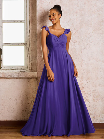 OKBBN pleated shoulder strap sleeveless A-line chiffon bridesmaid dress