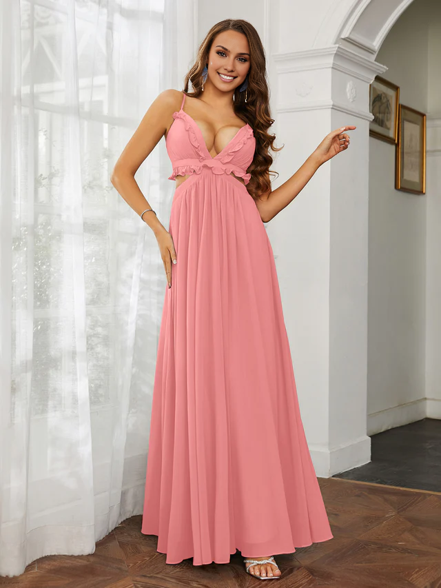 OKBBN thin shoulder strap ruffle edge chiffon hollow out ultra long sexy bridesmaid dress