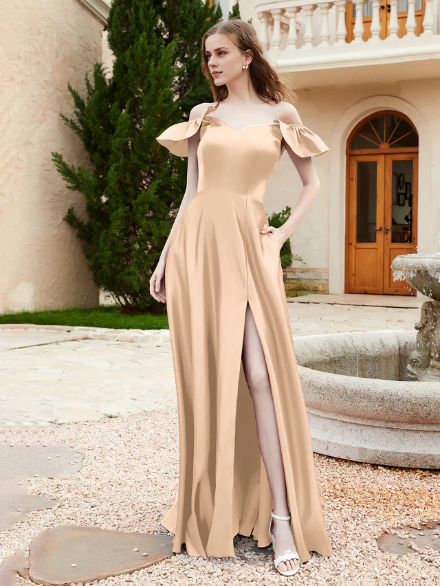 OKBBN Elegant Off Shoulder Satin Bridesmaid Dress