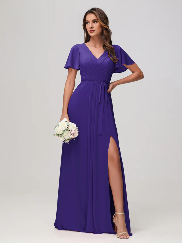 OKBBN pleated chiffon bridesmaid dress with flowing sleeves