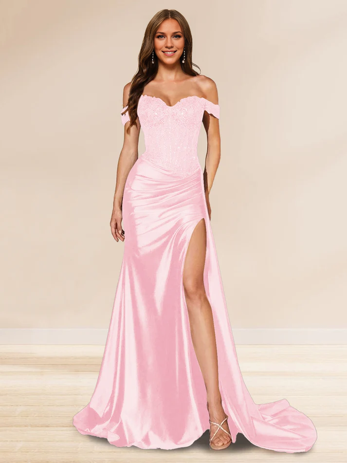 OKBBN mermaid off shoulder trailing sequin side slit evening gown