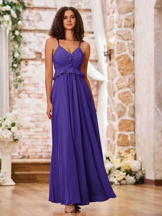 OKBBN slim shoulder strap A-line chiffon bridesmaid dress