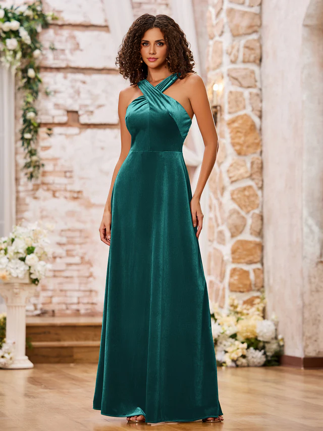 OKBBN Velvet Sleeveless Long Bridesmaid Dress