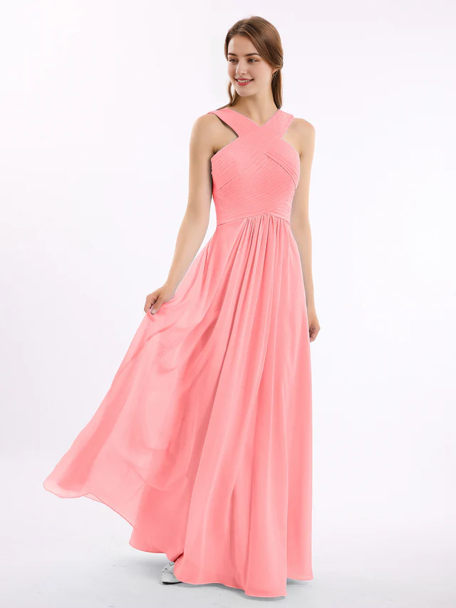 OKBBN Cross Shoulder Chiffon High Waist Bridesmaid Dress