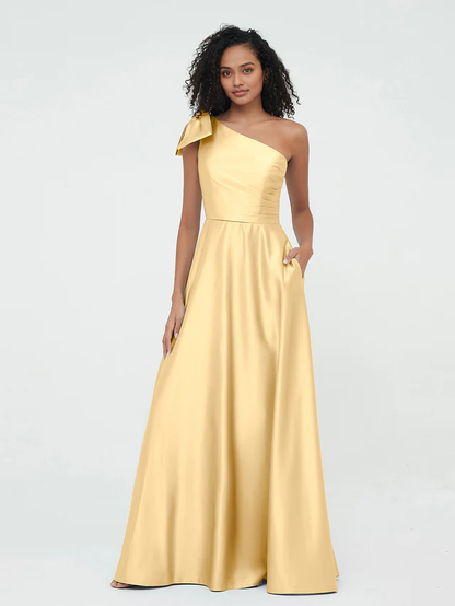 OKBBN One Shoulder Long Satin Sleeveless Bridesmaid Dress